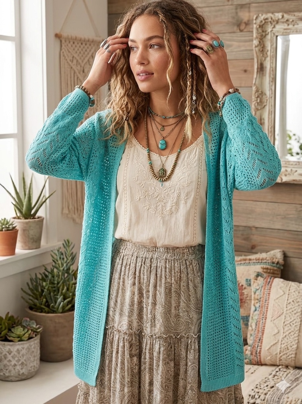 Maurices Sz 2 Turquoise Crochet Knit Cardigan Open Front Boho Knit Fits Like M